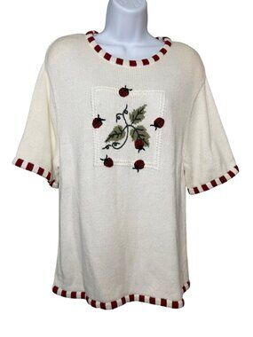 Christopher & Banks XL Ladybug Embroidered Ramie Cotton Short Sleeve Sweater